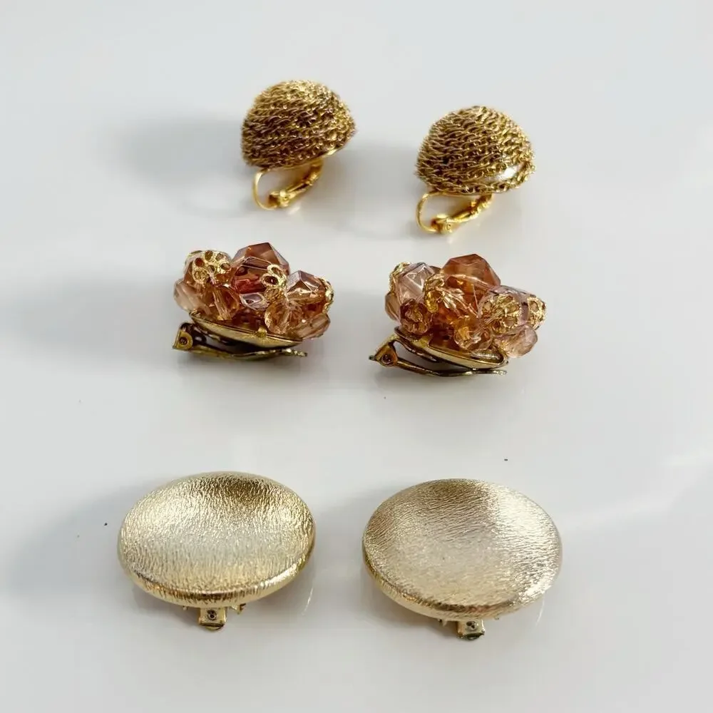 Vintage Clip On Earring Trio Set Gold